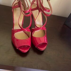 Michael Kors Red Peep-Toe Heels with buckle strap and cute zipper detail on back